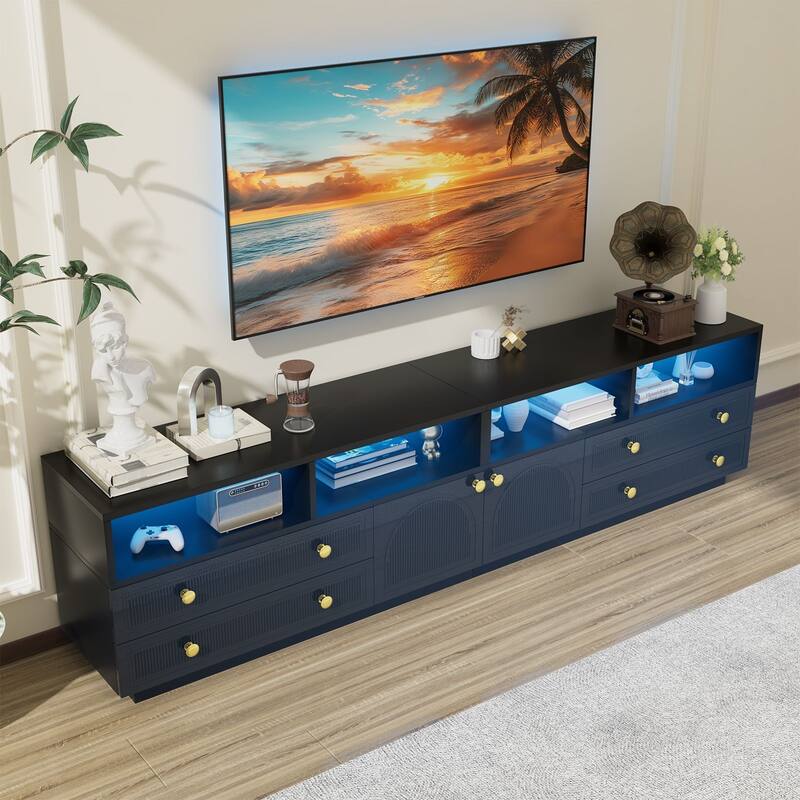 Gymojoy 86.6" LED TV Stand for 85-100 Inch TV, Modern Fluted Entertainment Center, 8 Drawers & Cabinet, Smart TV Console.