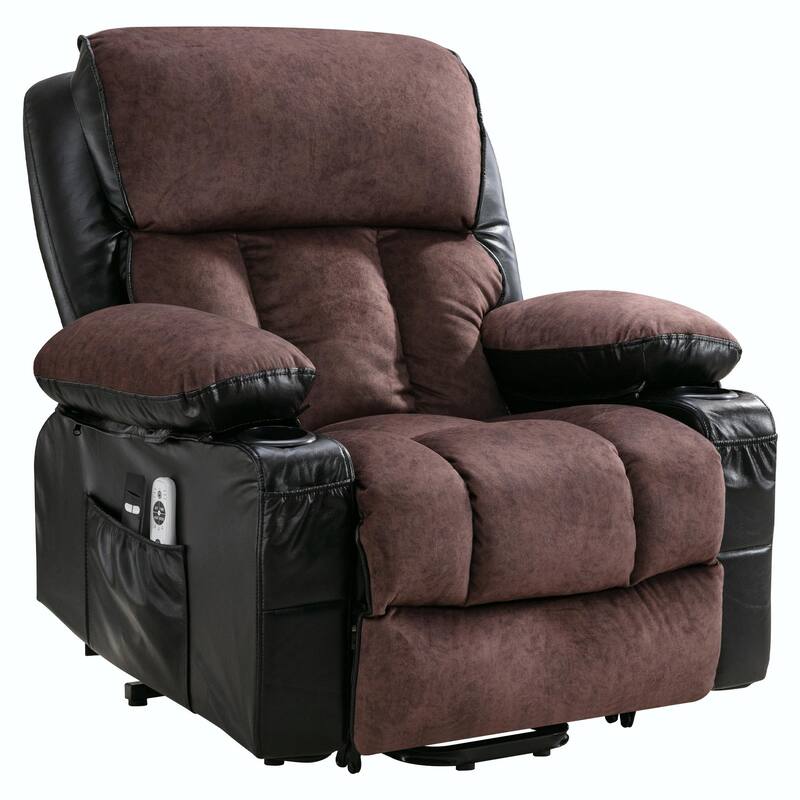 Power Electric Massage Lift Lounge Chair with Heating and Vibration Functions, Fleece Leather with USB - Black Brown