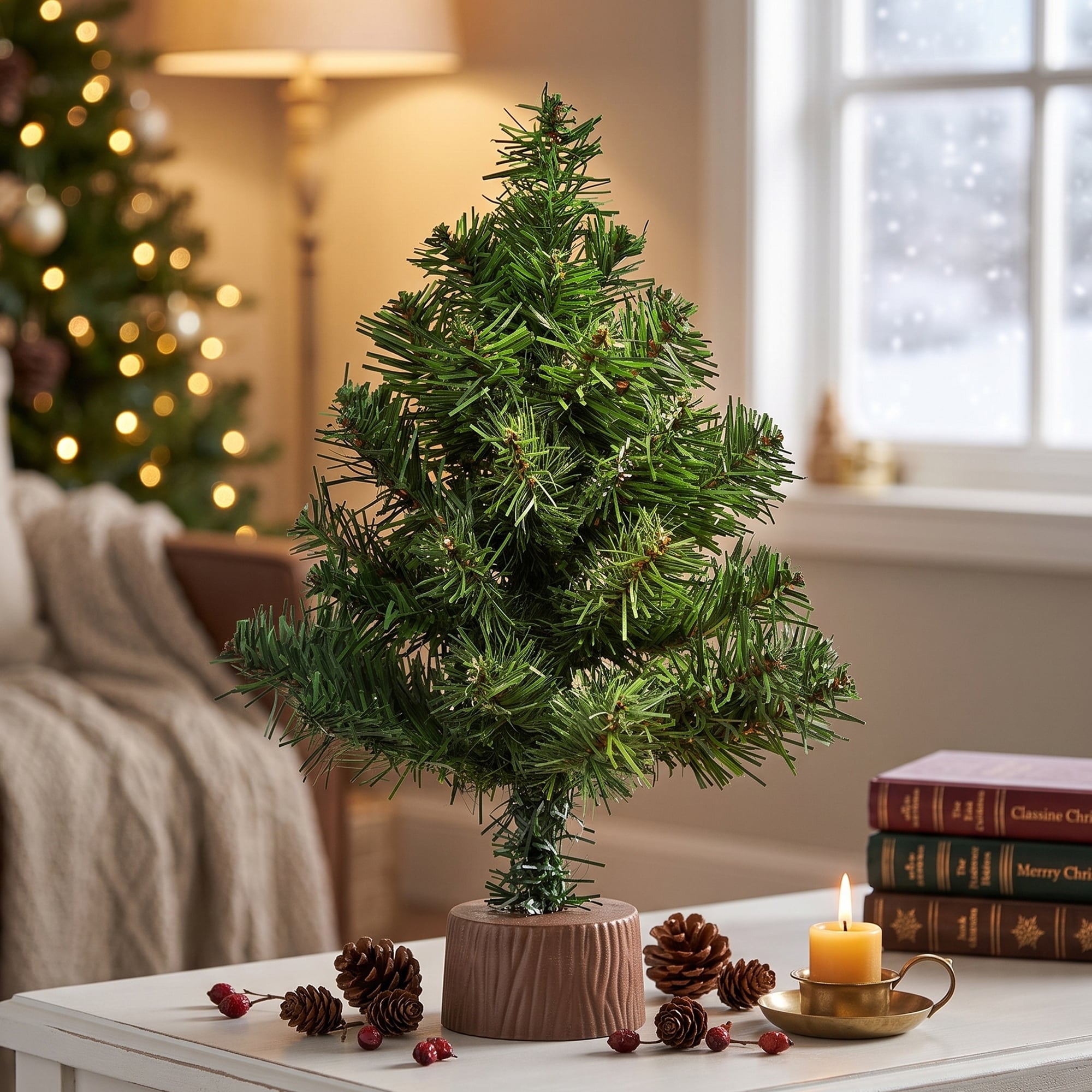 12" Mini Canadian Pine Full Artificial Christmas Tree Faux Wood Base - 1 Foot