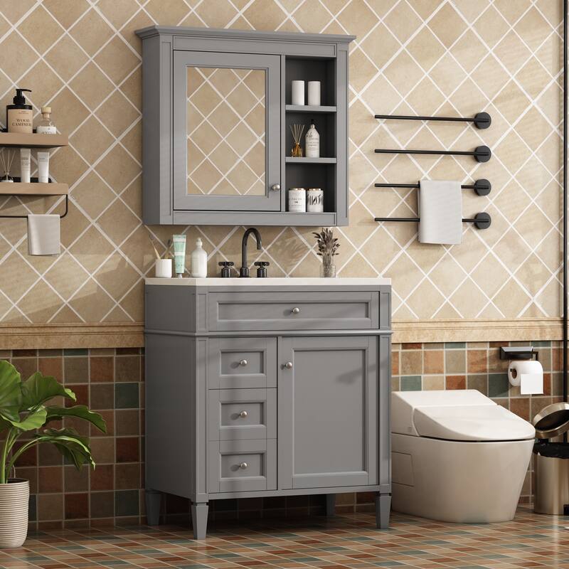 GDFStudio - Ravensden Modern Freestanding Bathroom Vanity Set with Ceramic Sink and Mirror Cabinet with a Tip-out Drawer - 30'W - Grey