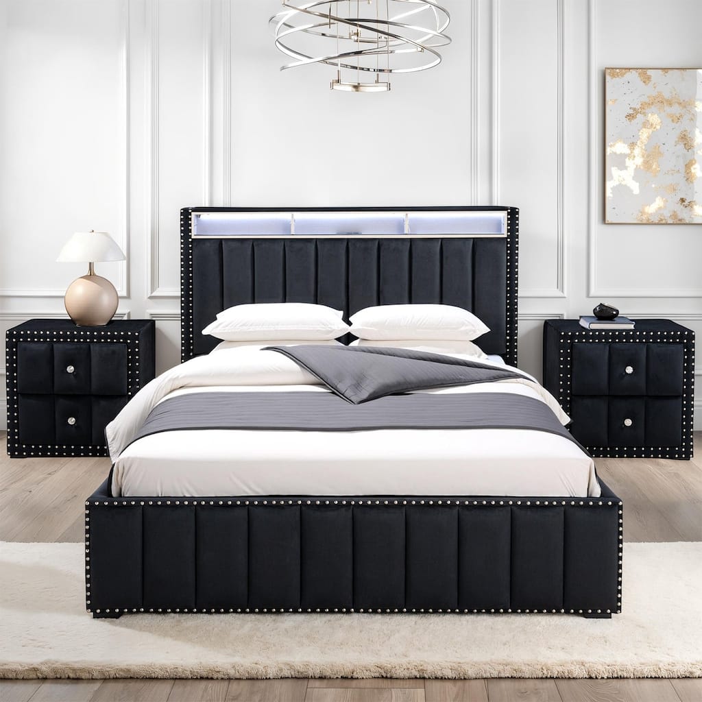 Contemporary Black Finish 3pc Upholstered Bedroom Furniture Set