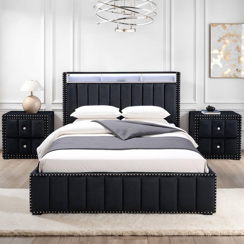 Contemporary Black Finish 3pc Upholstered Bedroom Furniture Set