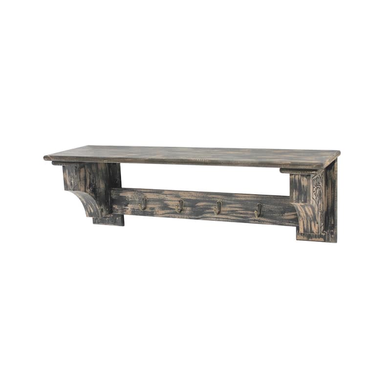 HomeRoots 30" Black Distressed Wood Four Hook Wall Mounted Hanging Coat Rack - 8" x 30" x 9.75"