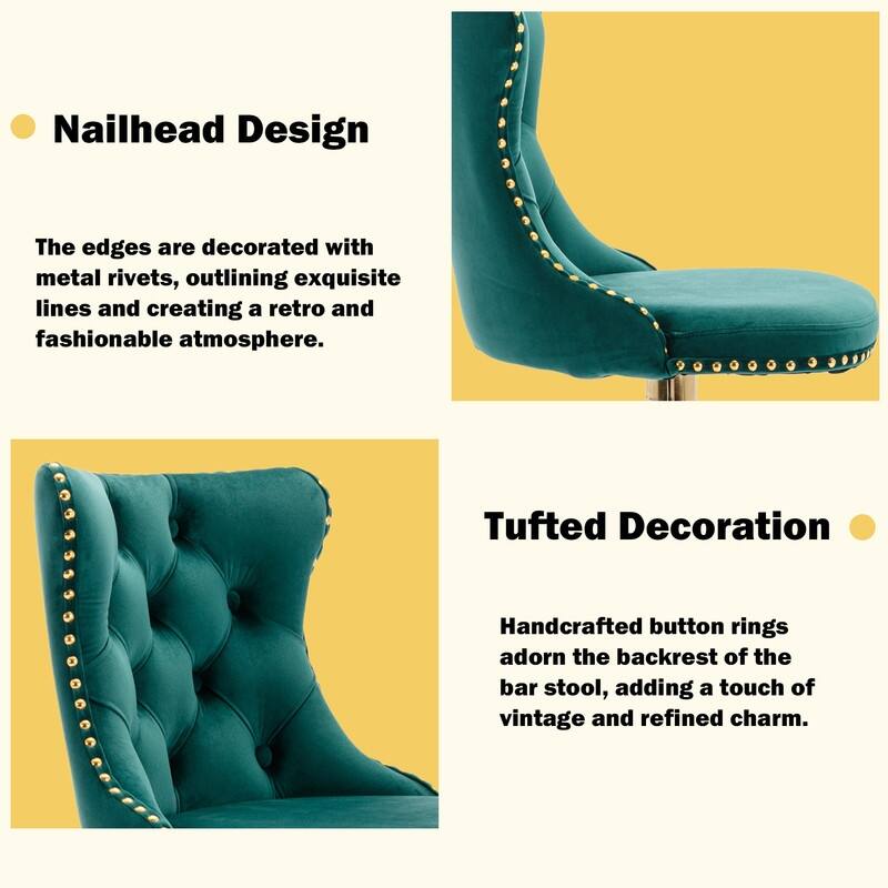 Velvet Upholstered Nailheads Tufted Swivel Bar Stools (Set of 2)