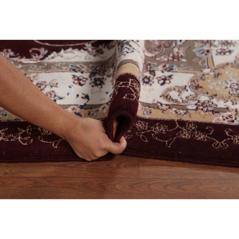 Burgundy Red Floral Aubusson Area Rug Machine Made Carpet - 6'6" x 9'10"