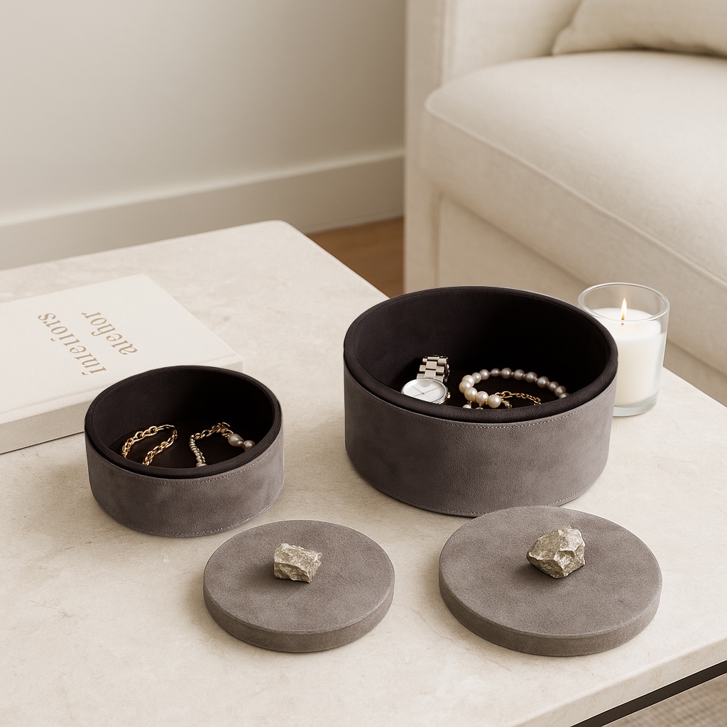 Modern Decorative Suede Boxes with Lid - Set of 2, 8", Gray - 8.0"