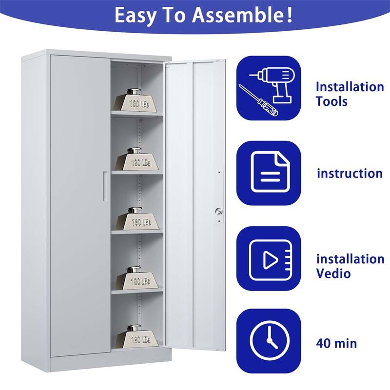 71"H Metal Lockable Storage Cabinet with Doors and 4 Shelves
