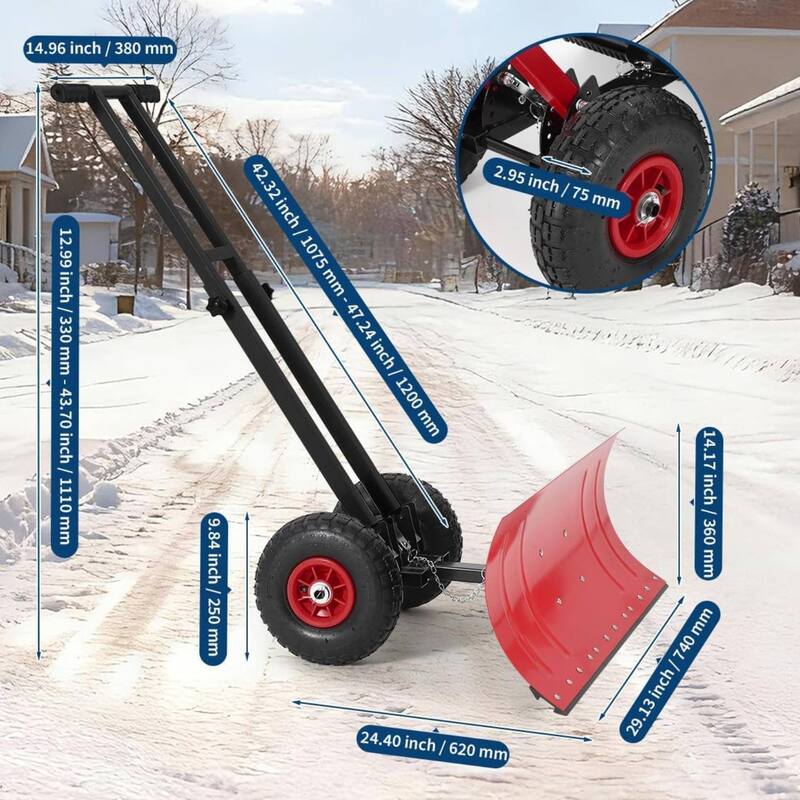 29.13x14 in Heavy Duty Rolling Snow Pusher Shovel for Driveway, Doorway, Sidewalk