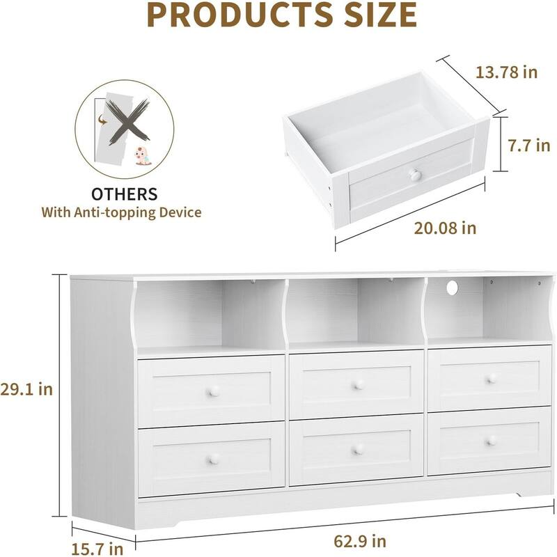 6 Drawer Dresser TV Stand for Bedroom with Charging Station & LED Lights