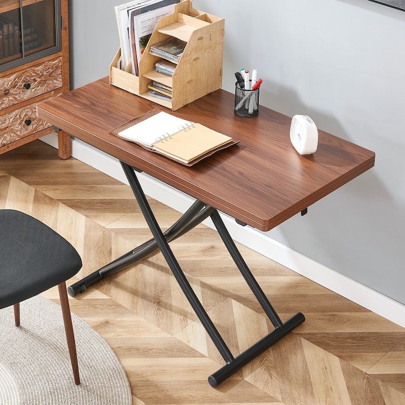 GDFStudio Tharion Wood Lift Table with Multifunctional Adjustable Design - Black + Dark Walnut