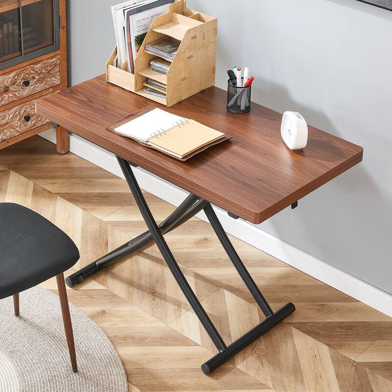 Modern minimalist multifunctional lift table, dressing table, coffee table, dining table, and office table - Black + Dark Walnut