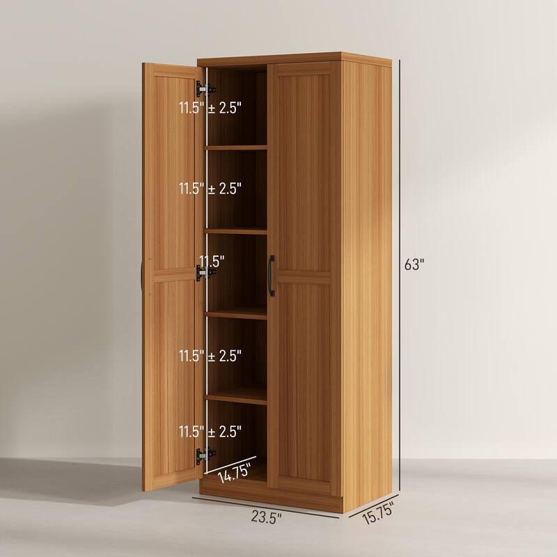 HOMCOM 63" 2-Door Kitchen Pantry, Freestanding Storage Cabinet with 5-tier Shelving and 2 Adjustable Shelves for Dining Room