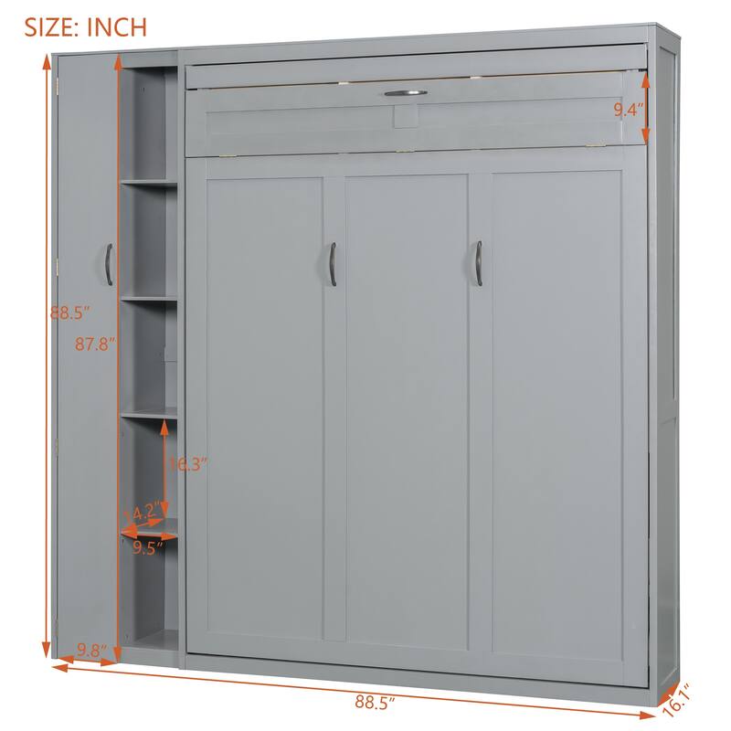 Full/Queen Size Murphy Bed Wall Bed with Small Wardrobe and LED Lights, Foldable Murphy Cabinet Bed with Storage Shelves