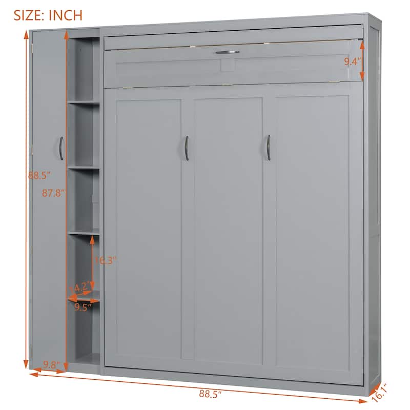 Full/Queen Size Murphy Wall Bed with Shelves, Wardrobe, LED Lights - Space-Saving Design