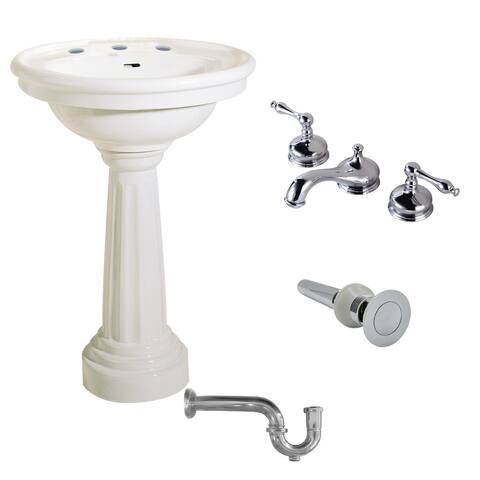 26" W Oval Biscuit Pedestal Bathroom Sink Porcelain Basin, Pedestal Leg, 8" Faucet, Drain, P-Trap and Overflow Renovators Supply