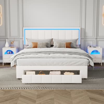 3-Pieces Bedroom Sets with Queen Size Upholstered Bed and 2 Nightstands with USB Charging Station & LED Lights