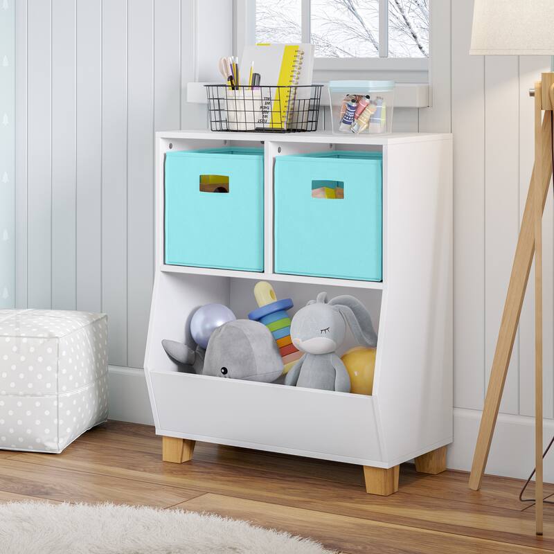 RiverRidge Kids Catch-All 24in Toy Storage Organizer with 2 Cubbies and 2 Storage Compartments - with Optional Bins - White with 2 Aqua Bins