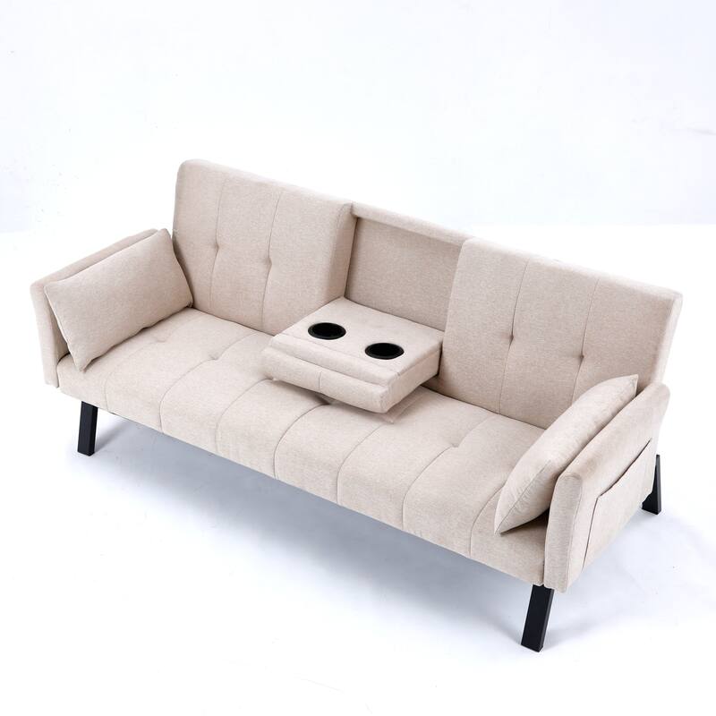 Cotton Linen Fabric Loveseat Sofa Sleeper Sofa Bed for Small Space with Center Table, Cup Holders, Pillows and Side Pockets
