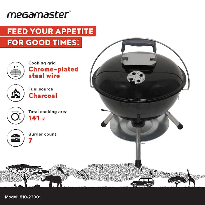 Megamaster 14.5" Portable Charcoal Barbecue Grill, 141 SQ. In Cooking Area - 810-23001