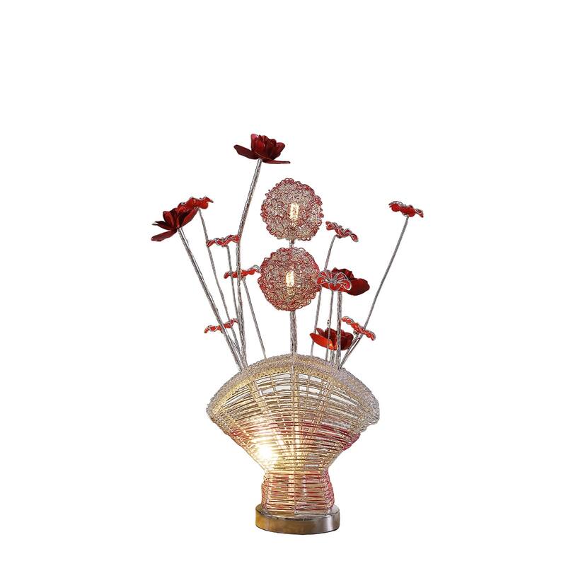 Silver and Clear Acrylic Fan Shaped Table Lamp with Red Floral Design - 9.25” x 4.5” x 21.5” (D x W x H)
