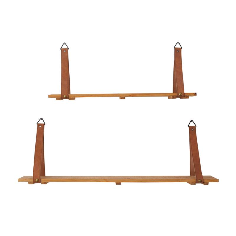 CosmoLiving by Cosmopolitan Brown Wood 2 Shelves Wall Shelf with Faux Leather Straps (Set of 2)