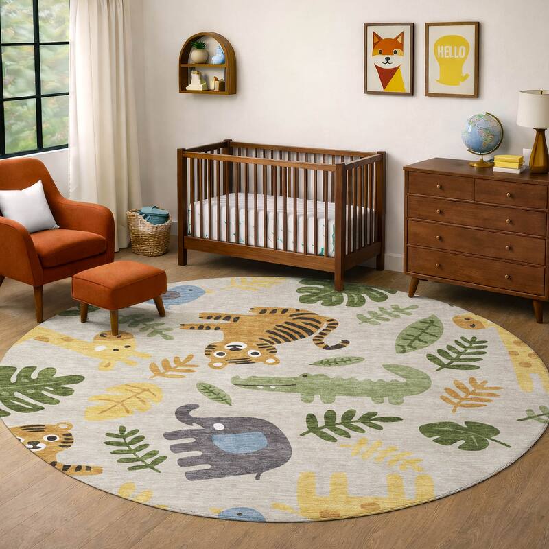 Machine Washable Indoor/ Outdoor Whimsy Safari Animals Chantille Rug