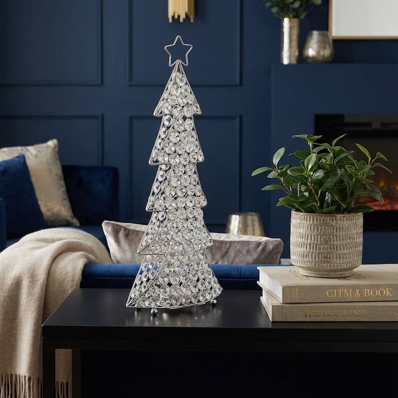 HomeRoots16" Glam Silver And Faux Crystals Christmas Tree Tabletop Sculpture - 4' X '16' X '8
