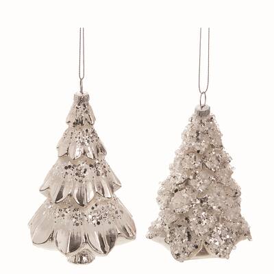 Transpac Glass Silver Christmas Snowy Tree Ornaments Set of 2