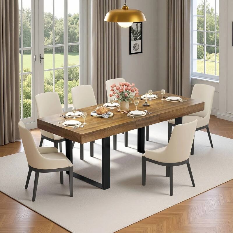 Large Expandable Dining Table, Wooden Kitchen Expanding Table for 6 8 10, Rectangular Conference Table