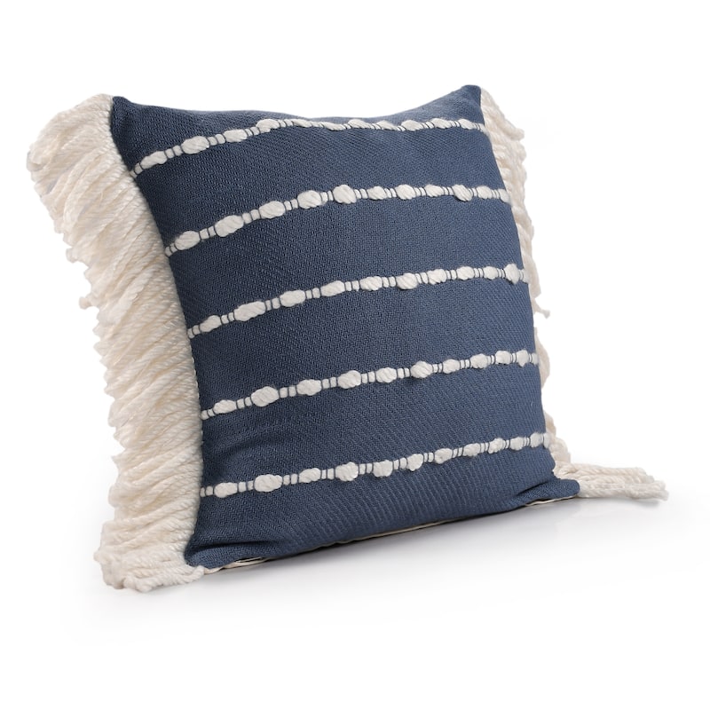 Striped Square Throw Pillow with Fringes - 20" - Navy and White