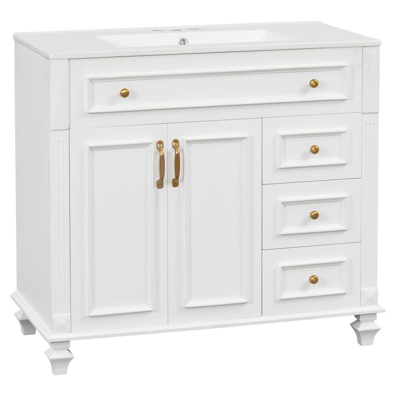 36" Bathroom Vanity with Sink, Vanity Cabinet with Flip-Out Drawer, 3 Drawers, 2 Soft-Close Doors, Solid Wood & MDF