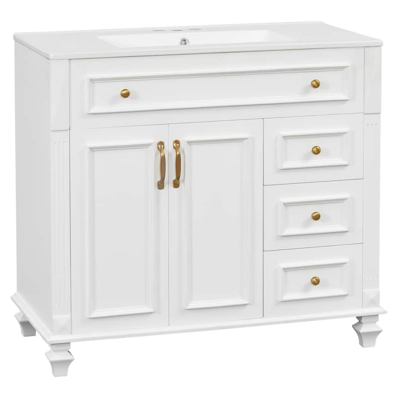 Roomfitters 36" Bathroom Vanity with Sink, Flip-Out Drawer, 3 Drawers, Soft-Close Doors, Solid Wood Cabinet