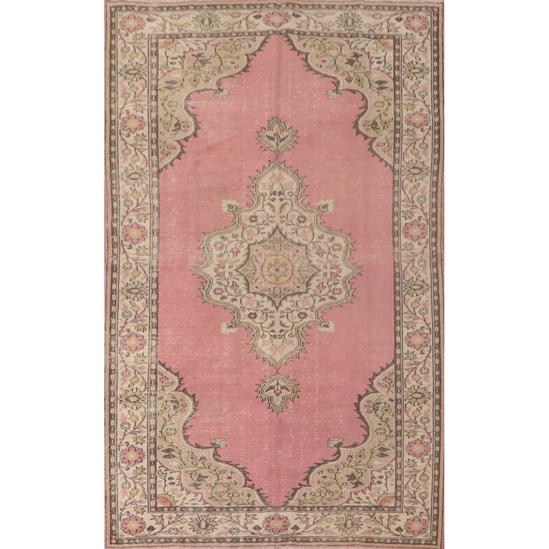 Pink Anatolian Turkish Vintage Area Rug Handmade Wool Carpet - 6'3" x 9'10"