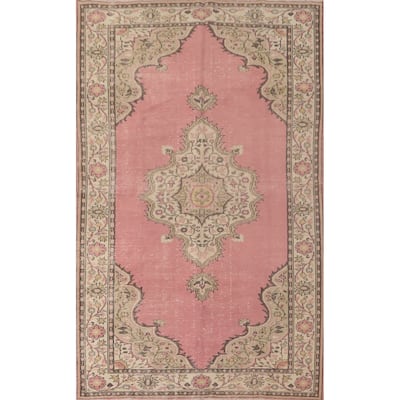 Pink Anatolian Turkish Vintage Area Rug Handmade Wool Carpet - 6'3" x 9'10"