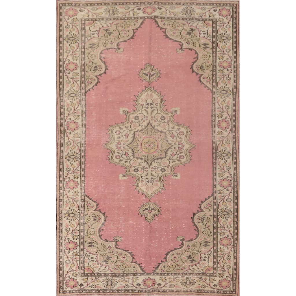 Pink Anatolian Turkish Vintage Area Rug Handmade Wool Carpet - 6'3" x 9'10"