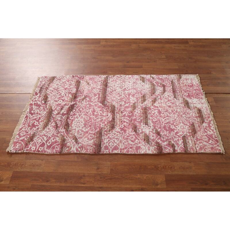 Abstract Oriental Accent Rug Handmade Pink Wool Carpet - 2'8"x 4'10"