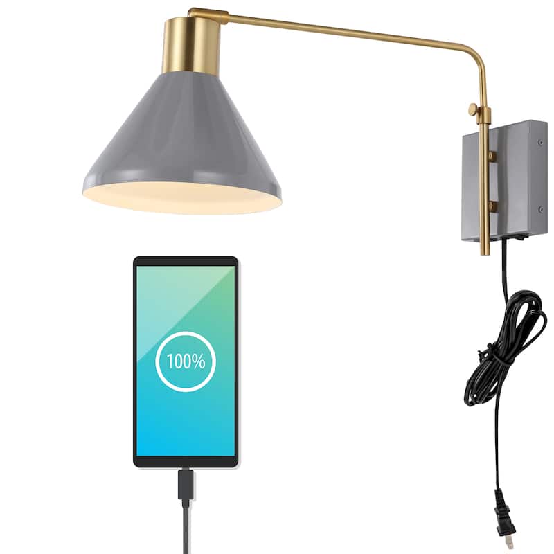 Justina Swing Arm 1-Light Modern Midcentury Iron USB Charging Port LED Sconce, by JONATHAN Y