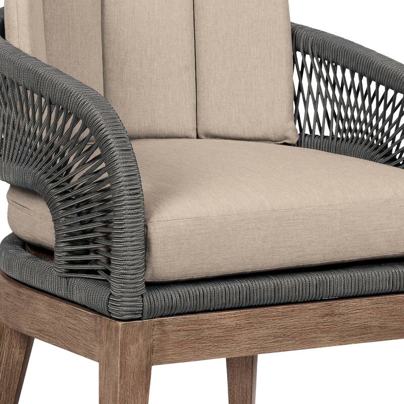 Orbit Boho Solid Eucalyptus Wood and Woven Rope Outdoor Dining Chair with Olefin Cushions