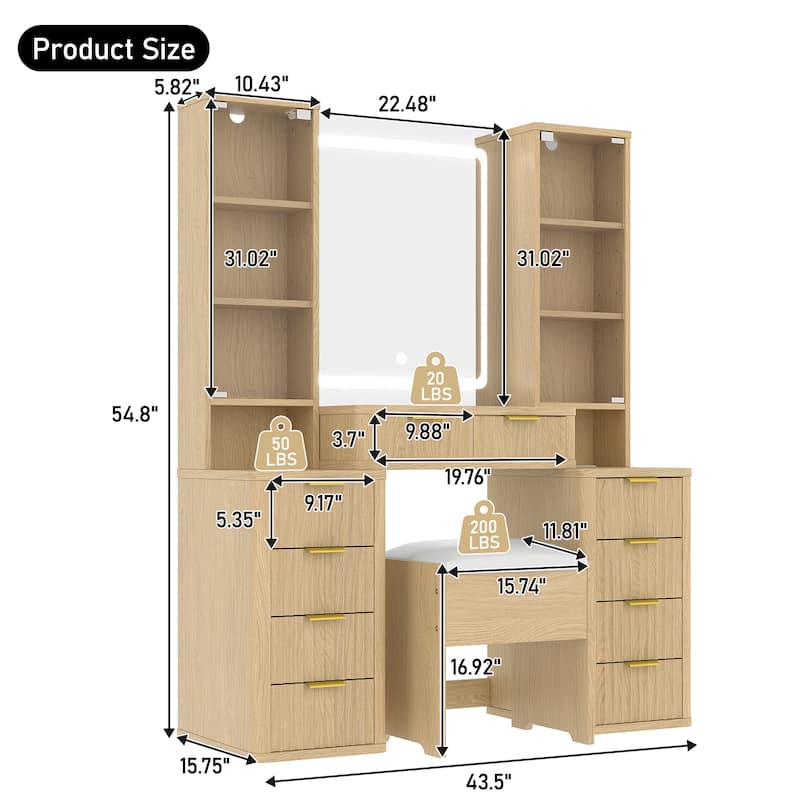 43.5-Inch Fluted Makeup Vanity Desk with Mirror & Lights, Modern Glass Top Table with 10 Drawers & Stool