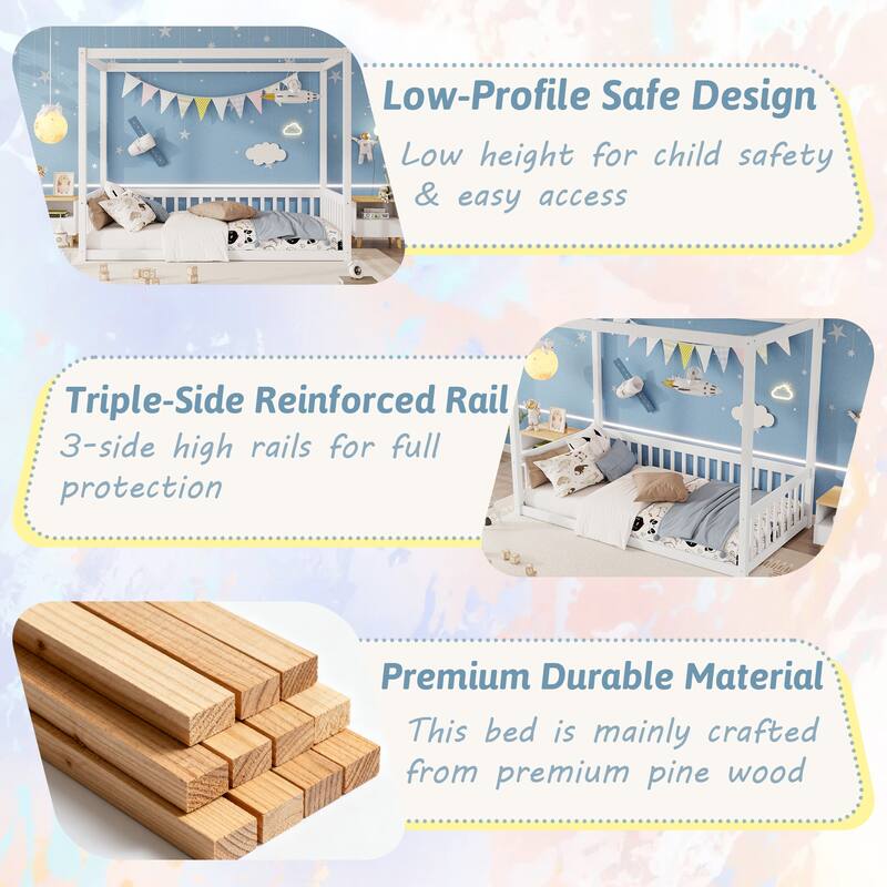 Twin Size Canopy Frame Floor Bed with Fence, Guardrails, White