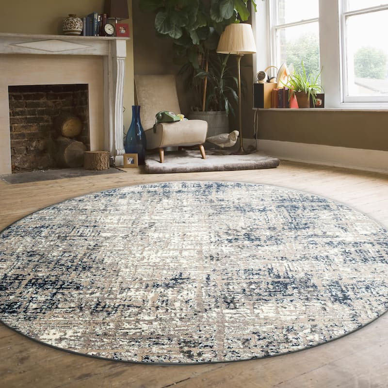 Admire Home Living Lucio 1241 Transitional Striated Area Rug - 5'3" X 5'3" - Blue