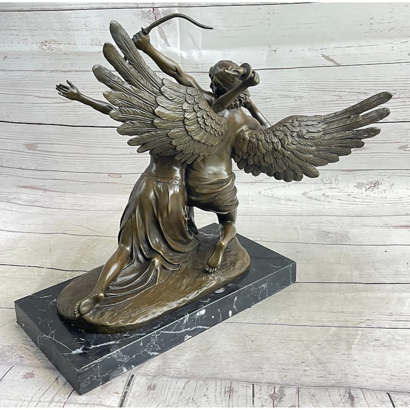 Romantic Bronze Sculpture Of Winged Lovers On Marble Base Zephyrus Psyche Mythical