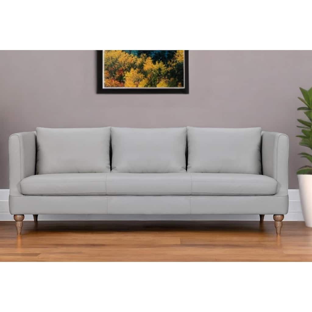 HomeRoots 85" Gray Leather Sofa With Brown Legs