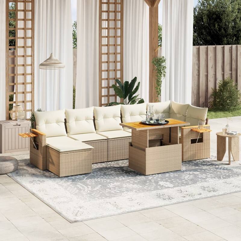 vidaXL Patio Sofa Set with Cushions Modular Lounge Set 8 Piece Poly Rattan - Beige and cream - 21.7 x 39.4 x 28.7 in