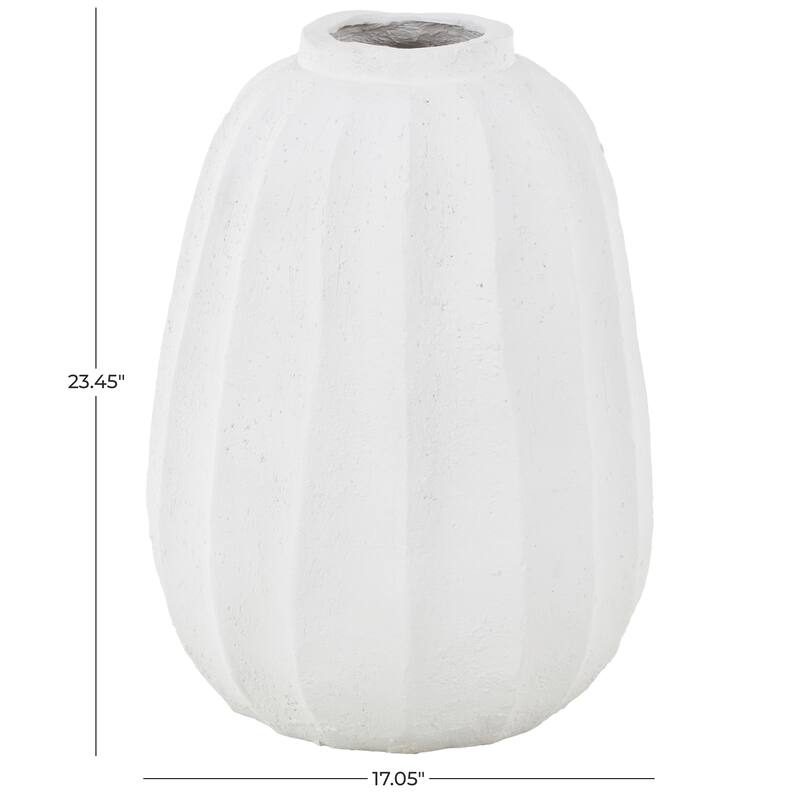 White Magnesium Oxide Wide Decorative Vase with Carved Grooves