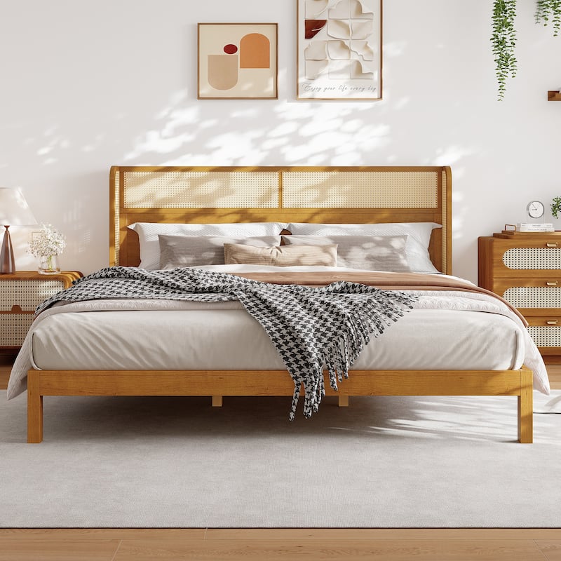 King Size Platform Bed Frame with Headboard, Mid Century Modern Design, Natural Finish