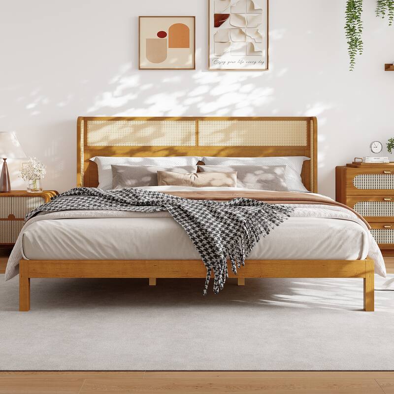 Premium Rubber Wood Platform Bed Frame, King Bed Frame with Headboard Included, Mid Century Modern Bed
