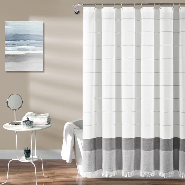 slide 2 of 14, Lush Decor Stripe Yarn Dyed Tassel Fringe Woven Cotton Shower Curtain Gray