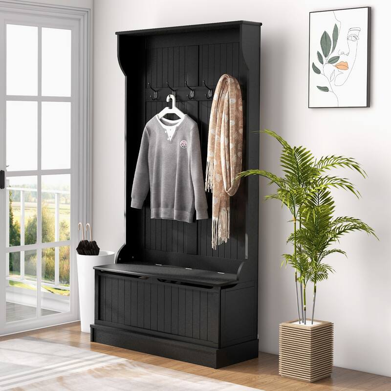 Modern Coat Rack with Anti-Tip Device Storage Bench 5 Hooks and Shoe Cabinet, for Entry and Hallway, Distressed White
