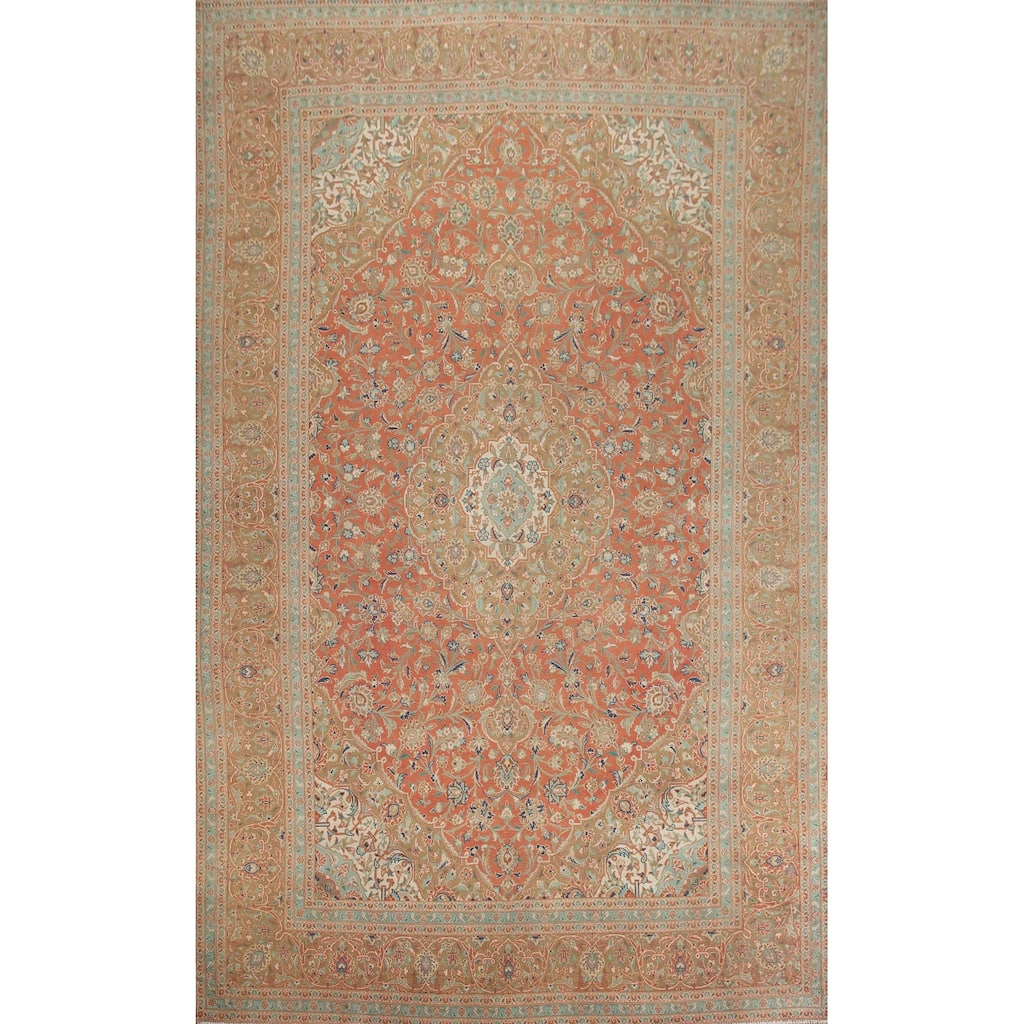 Hand Knotted Oriental 100% Wool Carpet Traditional Floral Oranges & Rust Mashad Area Rug - 13' 3'' X 9' 4''